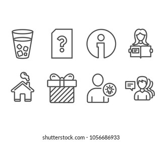 Set of Unknown file, Surprise and User idea icons. Woman read, Ice tea and People signs. Doc with question mark, Present with bow, Light bulb. Girl studying, Soda beverage, Support job. Vector