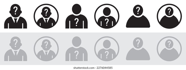 Set of unknown person icons. Missing man, wanted. Anonymous person symbol, incognito, question mark. Vector.