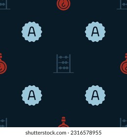 Set Unknown search, Abacus and Exam sheet with plus grade on seamless pattern. Vector
