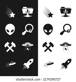 Set Unknown search, Alien, Falling star, FTP folder download, Two crossed hammers and UFO abducts cow icon. Vector