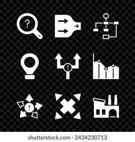 Establecer búsqueda desconocida, flecha, organigrama de jerarquía, muchas maneras flecha direccional, fábrica, ubicación e icono. Vector