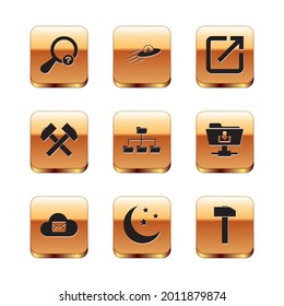 Set Unknown search, Cloud mail server, Moon and stars, Folder tree, Two crossed hammers and Open in new window icon. Vector
