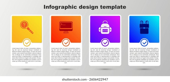 Set Unknown search, Computer monitor, School backpack and . Business infographic template. Vector