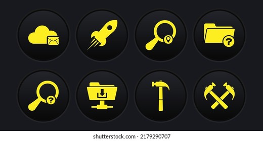 Set Unknown Search, Directory, FTP Folder Download, Hammer, Search Location And Rocket Ship With Fire Icon. Vector