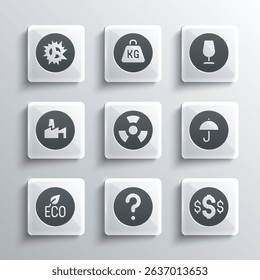 Set Unknown search, Dollar symbol, Delivery package with umbrella, Radioactive, Leaf Eco, Factory production, Bomb explosion and Fragile broken glass icon. Vector