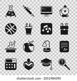 Set Unknown search, Exam sheet with A plus grade, School backpack, Computer monitor, Pencil case stationery, Basketball ball, Test tube and flask and Music note, tone icon. Vector