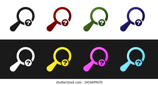 Set Unknown search icon isolated on black and white background. Magnifying glass and question mark. Vector Illustration