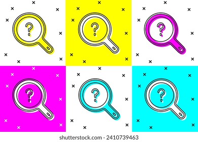 Set Unknown search icon isolated on color background. Magnifying glass and question mark.  Vector