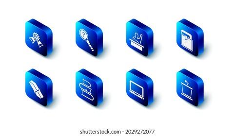 Set Unknown search, Male kid raising hand, Book, Stage stand, Laptop, Eraser or rubber and Medal icon. Vector
