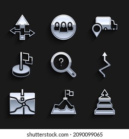 Set Unknown search, Mountains with flag, Pyramid chart infographics, Arrow, Intersection point, Flag, Delivery tracking and  icon. Vector