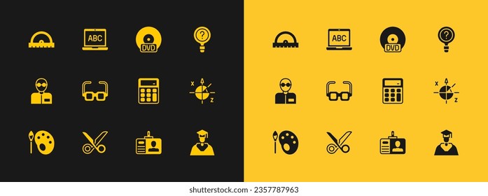 Set Unknown search, Scissors, Calculator, Identification badge, Glasses, CD DVD disk, Protractor grid and Laptop icon. Vector
