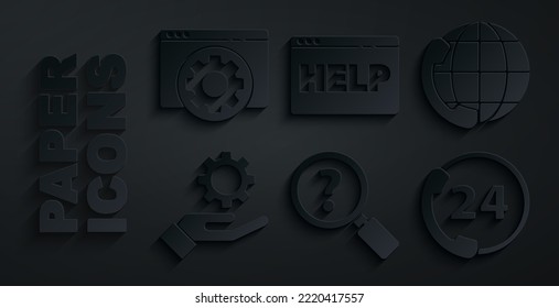 Establecer búsqueda desconocida, servicio telefónico las 24 horas, Configuración en la mano, Ayuda del navegador e icono de configuración. Vector