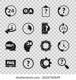 Set Unknown search, Telephone 24 hours support, Clipboard with question marks, Time Management, Information,  and Mobile icon. Vector