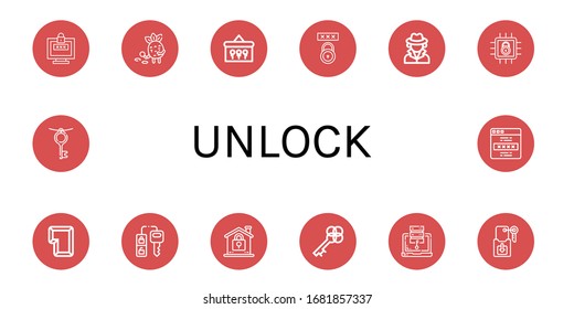 Set of unlock icons. Such as Password, Detective, Keys, Lock, Key, Car key, Access , unlock icons