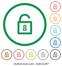 Set of Unlocked padlock color round outlined flat icons on white background