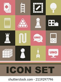 Set Uno card game, Tetris, Toy building block bricks, Board, Billiard balls triangle, Backgammon board, Playing cards and Chess icon. Vector