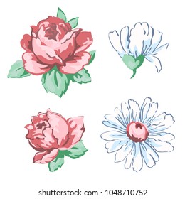 Set of unopened and blossoming drawn buds pink rose flower and white chamomile hand drawing, vector illustration, floral embroidery design, print, decoration element, isolated on white background