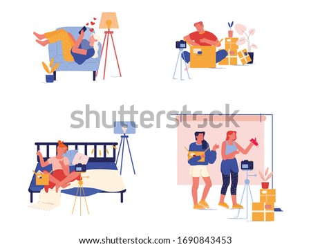 Set Unpacking Parcel, Mail Delivery, Shipment Blogging Concept. Bloggers Characters Opening Boxes Recording Unboxing Video for Internet. Live Streaming Social Media. Cartoon People Vector Illustration