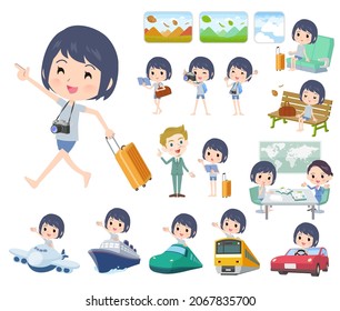 A set of unpaid avatar women on travel.It's vector art so easy to edit.