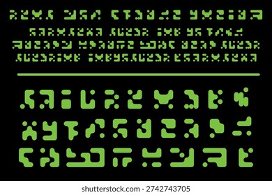 Set of Unreadable Alien Alphabet and Futuristic Hieroglyphs for Immersive Digital Design. This premium vector collection features complex green alien symbols, perfect for computer game interfaces, cybersecurity branding, and the Hacker concept aesthetic. Designed with rounded squared forms, these digital signs evoke a sense of advanced quantum computing, matrix technology, and extraterrestrial civilizations.

Perfect for various creative applications: Game Dev: Create mysterious quest logs, terminal interfaces, and HUD elements. Tech Branding: Unique symbols for crypto logos, software programming languages, and web apps. Design and Prints: High-impact graphics for stickers, apparel, and sci-fi posters. Cybersecurity: Ideal for visuals representing encryption, cyberspace, and data protection. This isolated vector illustration is fully editable ensuring pixel-perfect quality for both mobile apps and large-scale digital displays.