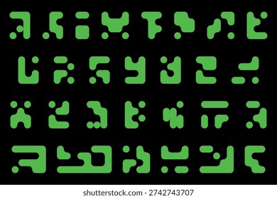 Set of Unreadable Alien Alphabet and Futuristic Hieroglyphs for Immersive Digital Design. This premium vector collection features complex green alien symbols, perfect for computer game interfaces, cybersecurity branding, and the Hacker concept aesthetic. Designed with rounded squared forms, these digital signs evoke a sense of advanced quantum computing, matrix technology, and extraterrestrial civilizations.

Perfect for various creative applications: Game Dev: Create mysterious quest logs, terminal interfaces, and HUD elements. Tech Branding: Unique symbols for crypto logos, software programming languages, and web apps. Design and Prints: High-impact graphics for stickers, apparel, and sci-fi posters. Cybersecurity: Ideal for visuals representing encryption, cyberspace, and data protection. This isolated vector illustration is fully editable ensuring pixel-perfect quality for both mobile apps and large-scale digital displays.