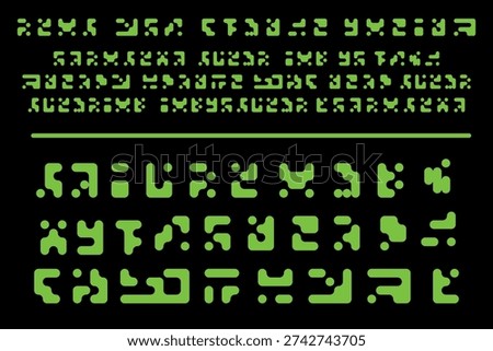 Set of Unreadable Alien Alphabet and Futuristic Hieroglyphs for Immersive Digital Design. This premium vector collection features complex green alien symbols, perfect for computer game interfaces, cybersecurity branding, and the Hacker concept aesthetic. Designed with rounded squared forms, these digital signs evoke a sense of advanced quantum computing, matrix technology, and extraterrestrial civilizations.

Perfect for various creative applications: Game Dev: Create mysterious quest logs, terminal interfaces, and HUD elements. Tech Branding: Unique symbols for crypto logos, software programming languages, and web apps. Design and Prints: High-impact graphics for stickers, apparel, and sci-fi posters. Cybersecurity: Ideal for visuals representing encryption, cyberspace, and data protection. This isolated vector illustration is fully editable ensuring pixel-perfect quality for both mobile apps and large-scale digital displays.