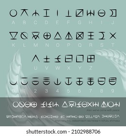 Set of Unreadable Alien Alphabet with Letters and Numbers. Template for Computer Design Hieroglyphic