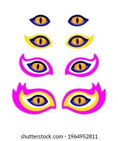 Set of unreal psychedelic beast eyes. Vector isolated on white.