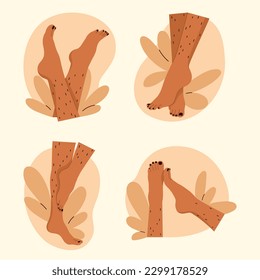 Set of unshaved hairy female legs with leaves. Body positive, normalize female body hair, skin care. Vector illustration in cartoon style. Isolated background.