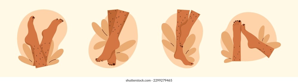 Conjunto de piernas hembras peladas sin afeitar con hojas. Cuerpo positivo, normalizar el cabello corporal femenino, cuidado de la piel. Ilustración vectorial al estilo de las caricaturas. Fondo aislado.