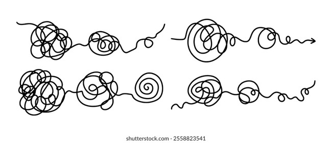 Set untangling lines, showcasing a continuous, flowing thread that twists and turns. Symbolizes complexity and movement. Tangled disorder turns into order line. Isolated unraveling line set.