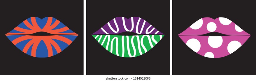 Conjunto de labios inusuales. Tres mujeres con pintalabios coloridos sobre fondo negro. Ornamento para celebración o foto. Cosméticos de belleza de glamour. Ilustración portadora de boca. 