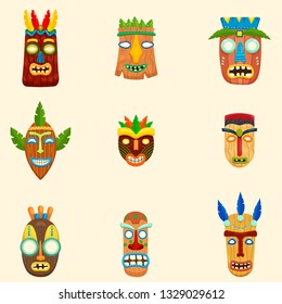 Set of unusual african masks in different shapes and colors isolated on white background