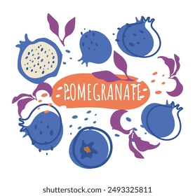 Set of unusual blue pomegranate with purple leaves and text. Color interpretation of an ordinary fruit. Organic fruit vector label.