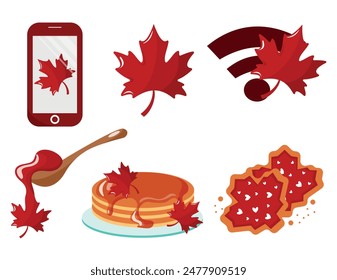 Set von ungewöhnlichen Kanada Tag Icons, nämlich Smartphone mit Ahornblatt, Ahornblatt, Pfannkuchen mit Ahornsirup, Löffel mit Ahornsirup, Lebkuchen und Wi-Fi-Ikone 