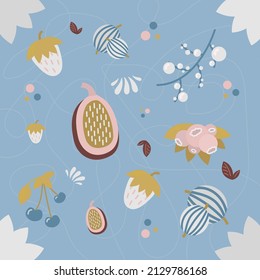 Set of unusual colorful berries. Vector figs, strawberry, blueberry and gooseberry. Pattern