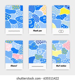 Set of unusual creative cards with hand drawn texture, dots, stars on space theme. Can be used for invitations, cards, posters, flayers, brochures, etc.