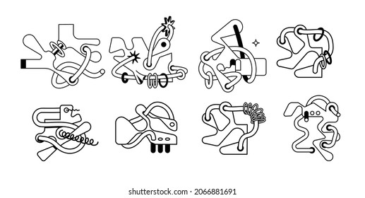 A set of unusual futuristic vector objects, abstract bizarre shapes in a brutal style, thin line, springs and curls, rings and pistons