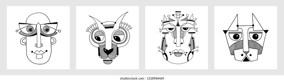 set of unusual hand draw illustration with a male face portrait in flat geometric style