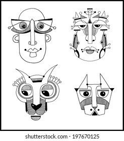 set of unusual hand draw illustration with a male, dog, hare face portrait in flat geometric style