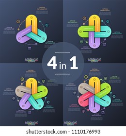 Set of unusual infographic design templates. Round charts with connected colorful chain links or loops, thin line pictograms and text boxes. Modern vector illustration for presentation, brochure.