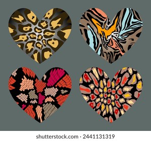 Conjunto de corazones aislados inusuales con estampados de leopardo, tigre y reptil. Patrones de textura brillante en estilo africano, indio y asiático. Para camisetas y otros textiles. Plantilla para el día de San Valentín. Vector.