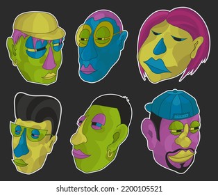 Eine Reihe ungewöhnlicher mehrfarbiger Gesichter aus Aufklebern. Vektorgrafiken von Cartoon-Menschen mit blauer, rosafarbener, grüner und gelber Haut.