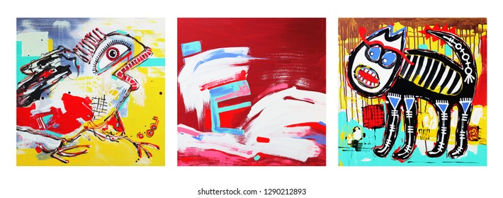 set of unusual original art composition of doodle angry cat. Autotrace image. Vector illustration collection. Acrylic painting