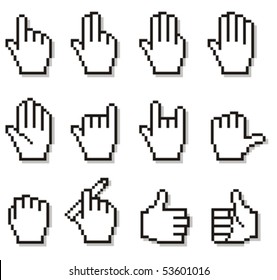 Set of unusual pixelated hand icons.