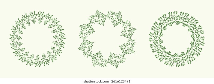 Set of unusual richly decorated frames made of plants. Hand drawn vector illustration on a green background. Perfect for invitations, cards, or social media, wedding design. Elegant floral set.
