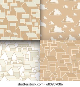 Set of unusual seamless patterns with houses and clouds. Good for surface design, textile, fabric, manufacturing, prints, wallpapers and backgrounds, Vector illustration. 