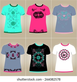 Set of the unusual t-shirts with vintage elements, colorful clothes