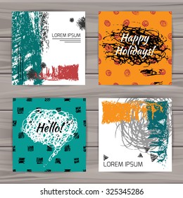 Set of unusual universal cards. Hand Drawn textures. Wedding, anniversary, birthday, Valentin's day, party invitations. Vector cover with sketchy elements.
