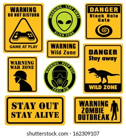 Set of unusual warning signs. Danger signals collection with dinosaur, black hole, extraterrestrial, game controller, soldier, gas mask, zombie icons. Vector illustration.